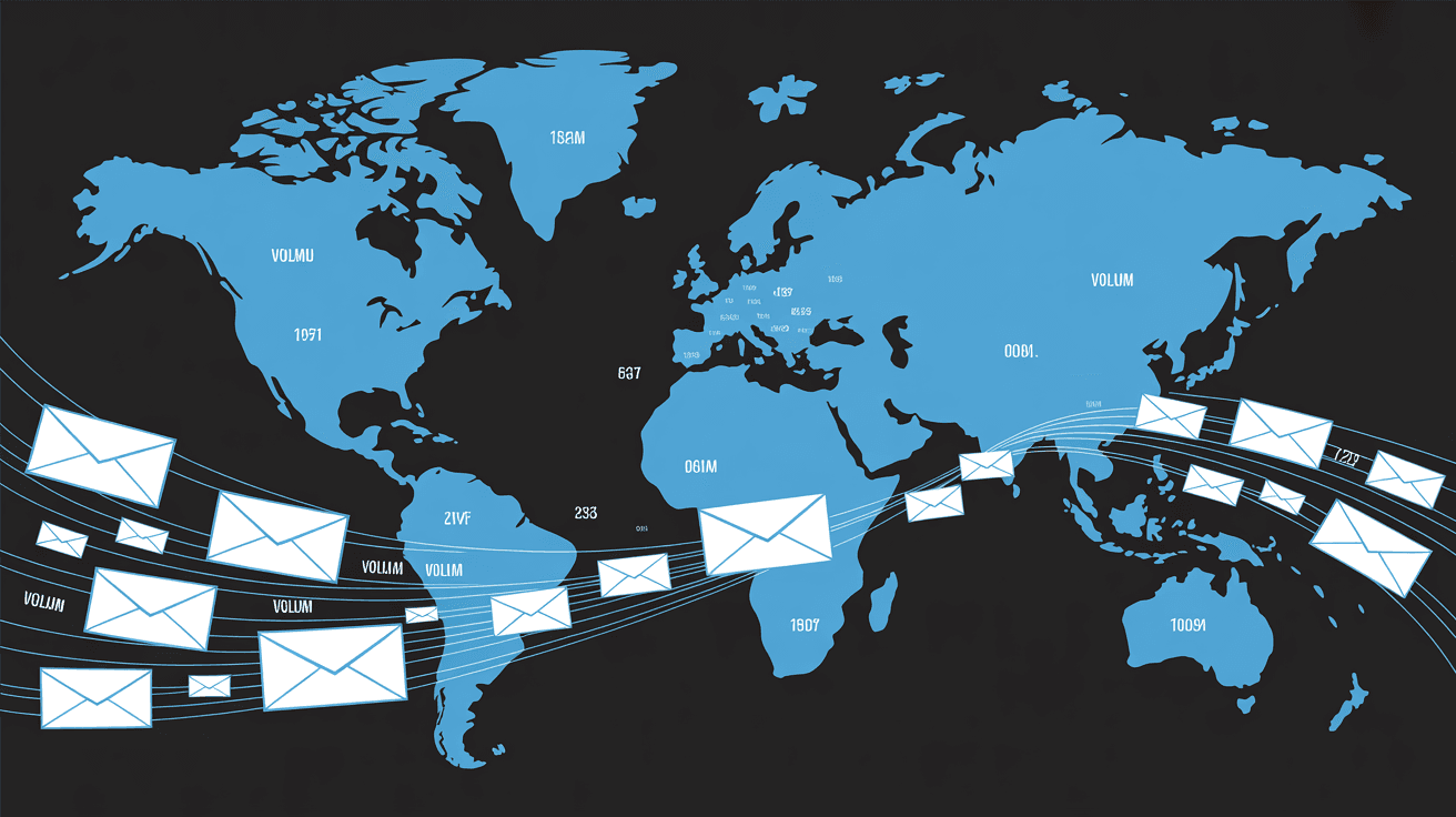 Professional world map showing massive global email traffic with flowing envelope streams between continents illustrating 376 billion emails sent worldwide daily